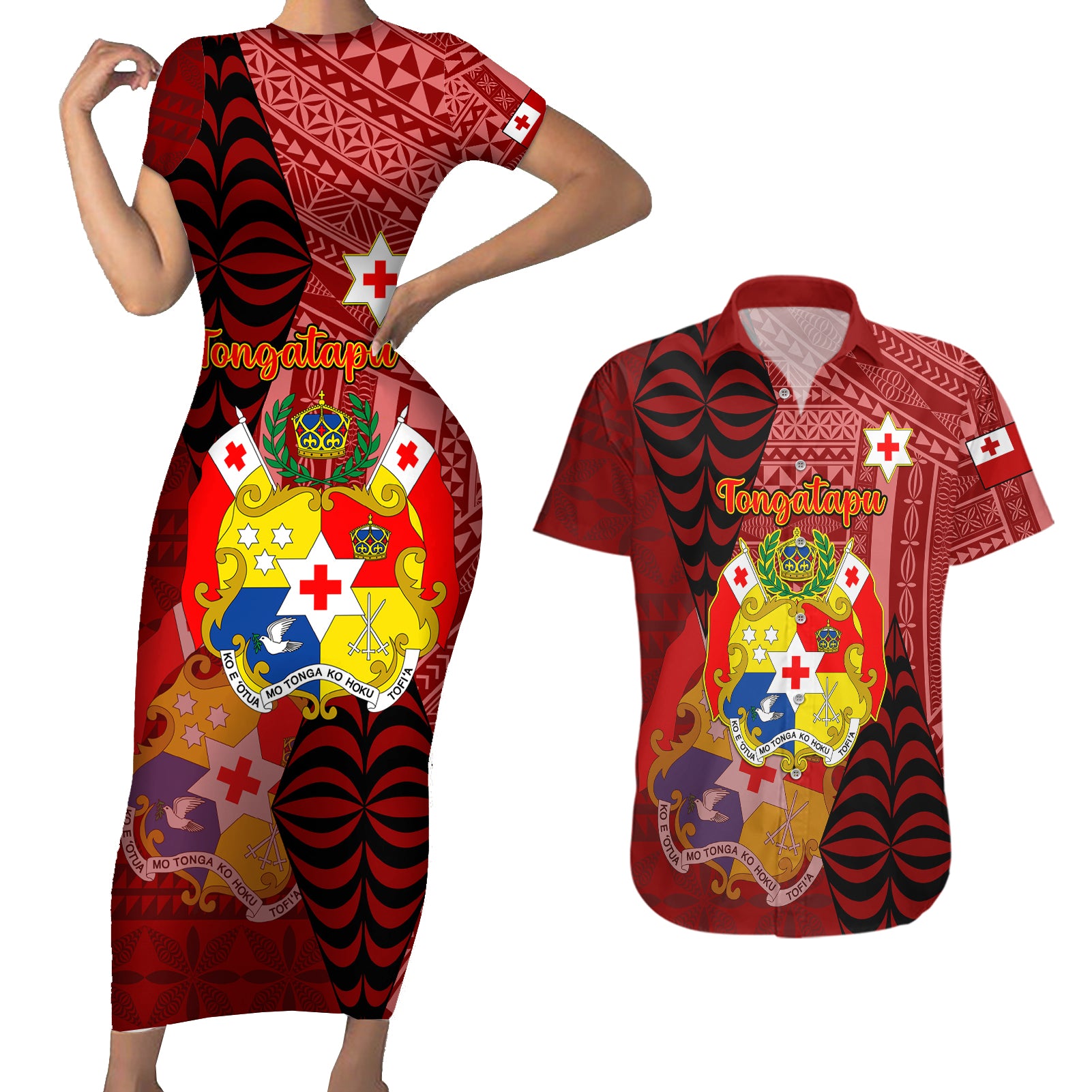 Personalized Tonga Couples Matching Short Sleeve Bodycon Dress and Hawaiian Shirt Coat Of Arms Tongatapu With Ngatu Pattern LT05 Red - Polynesian Pride