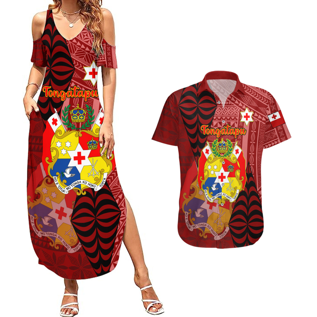 Personalized Tonga Couples Matching Summer Maxi Dress and Hawaiian Shirt Coat Of Arms Tongatapu With Ngatu Pattern LT05 Red - Polynesian Pride