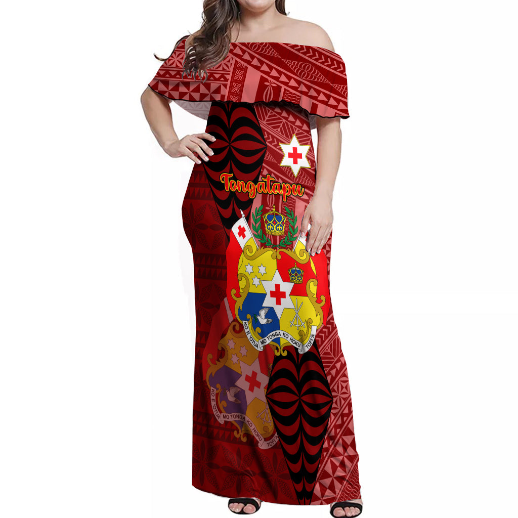 Personalized Tonga Off Shoulder Maxi Dress Coat Of Arms Tongatapu With Ngatu Pattern LT05 Women Red - Polynesian Pride