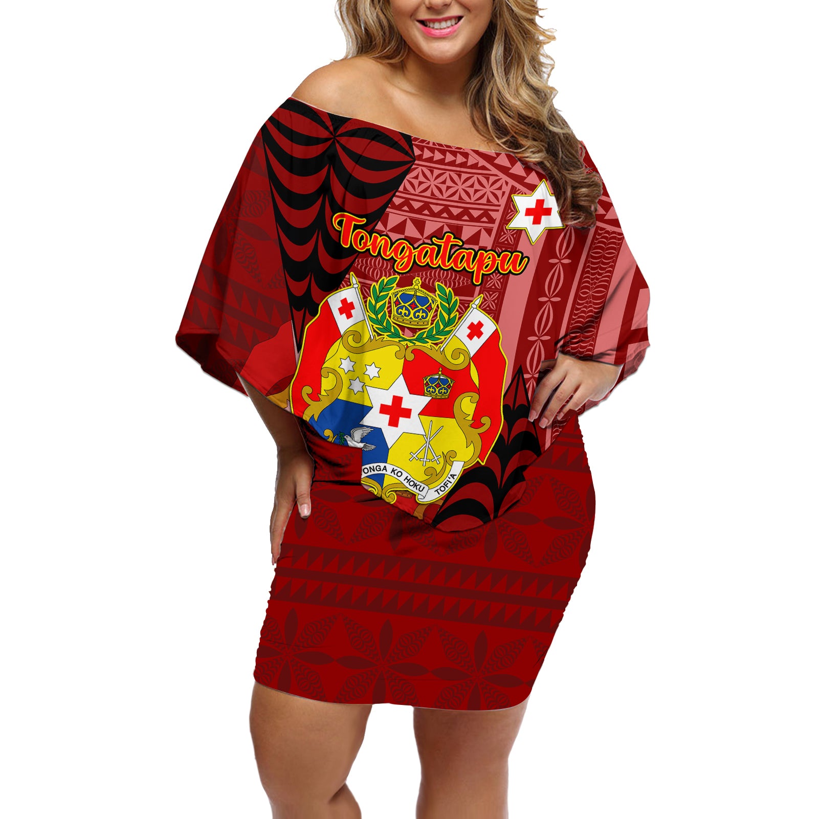 Personalized Tonga Off Shoulder Short Dress Coat Of Arms Tongatapu With Ngatu Pattern LT05 Women Red - Polynesian Pride