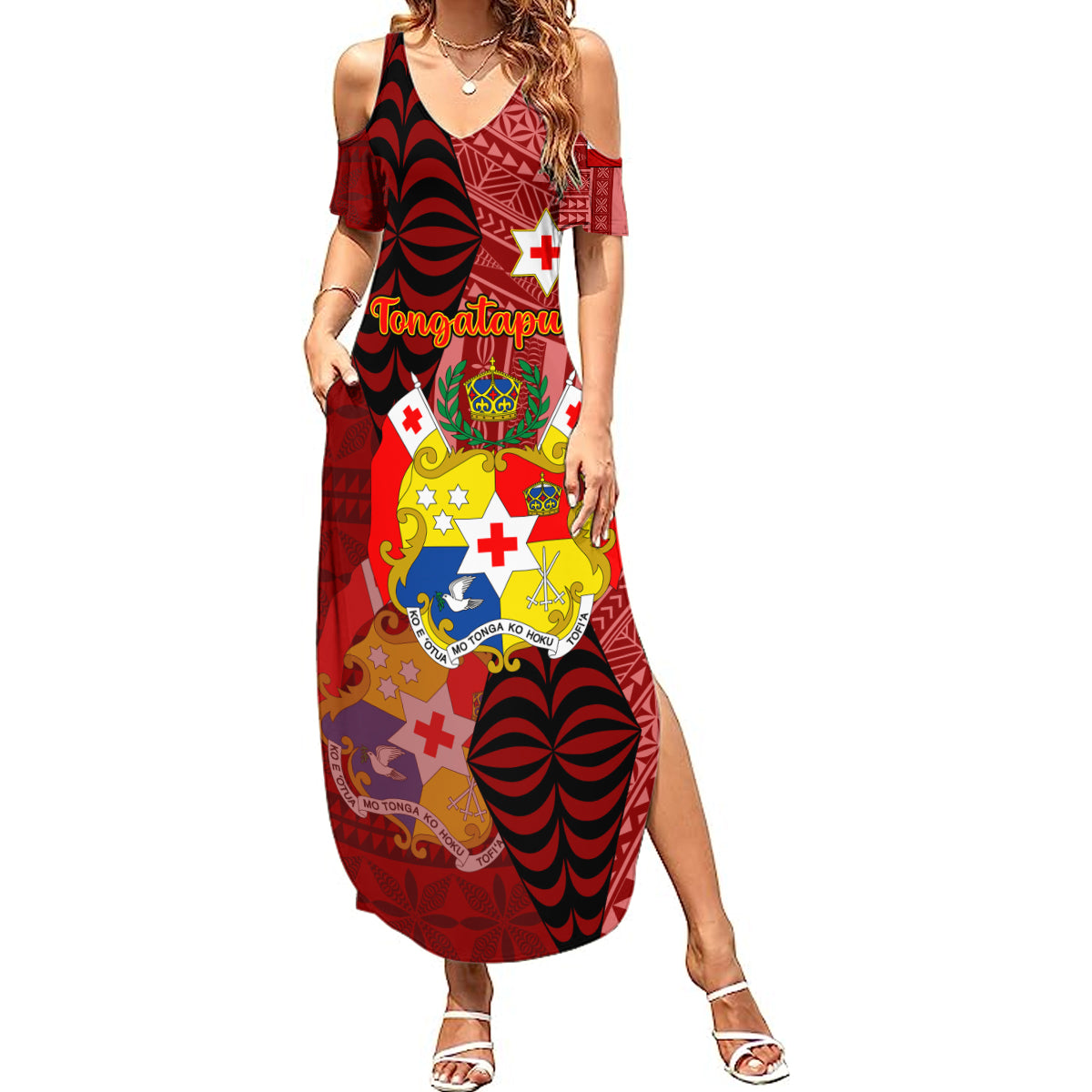 Personalized Tonga Summer Maxi Dress Coat Of Arms Tongatapu With Ngatu Pattern LT05 Women Red - Polynesian Pride