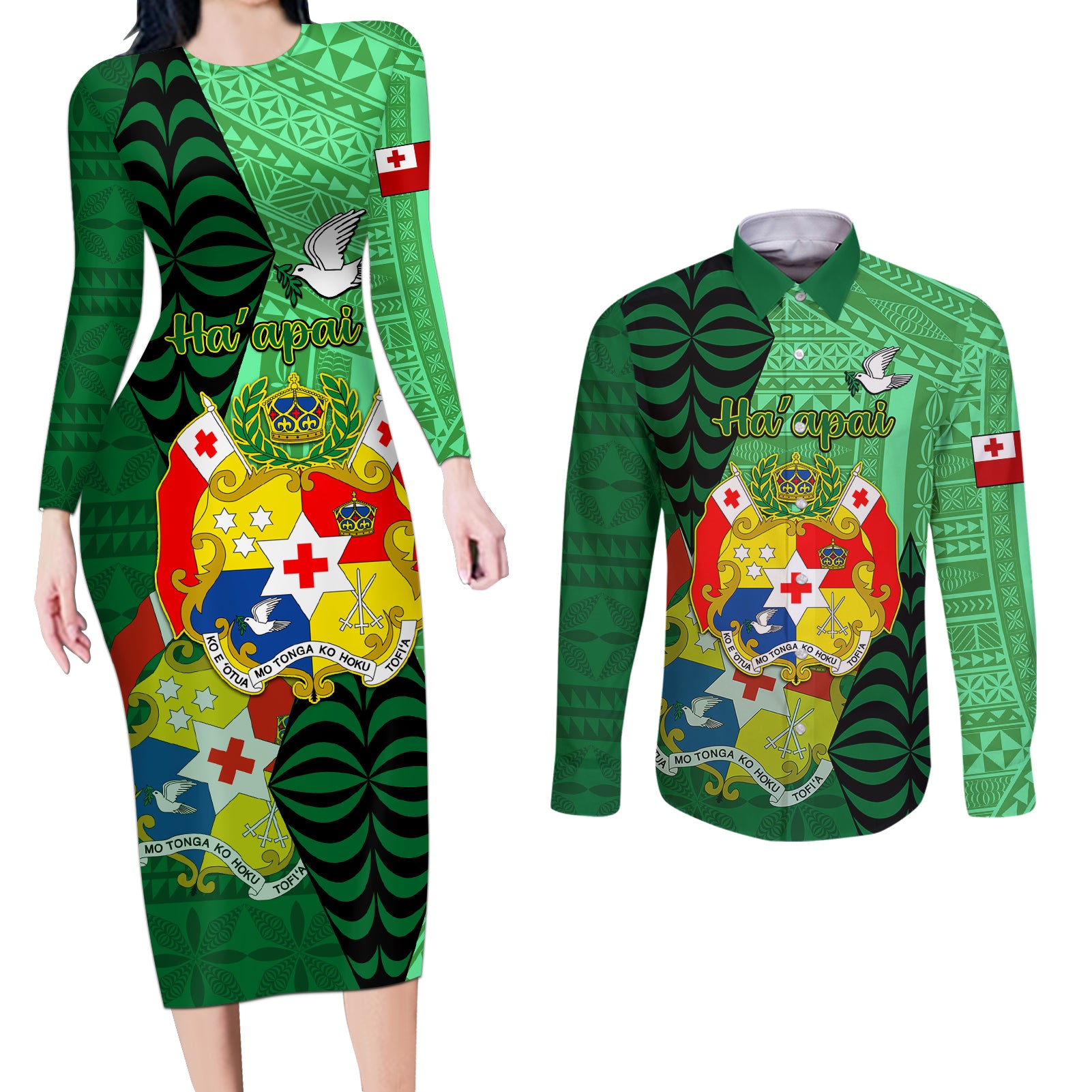 Personalized Tonga Couples Matching Long Sleeve Bodycon Dress and Long Sleeve Button Shirts Coat Of Arms Haapai With Ngatu Pattern LT05 Green - Polynesian Pride