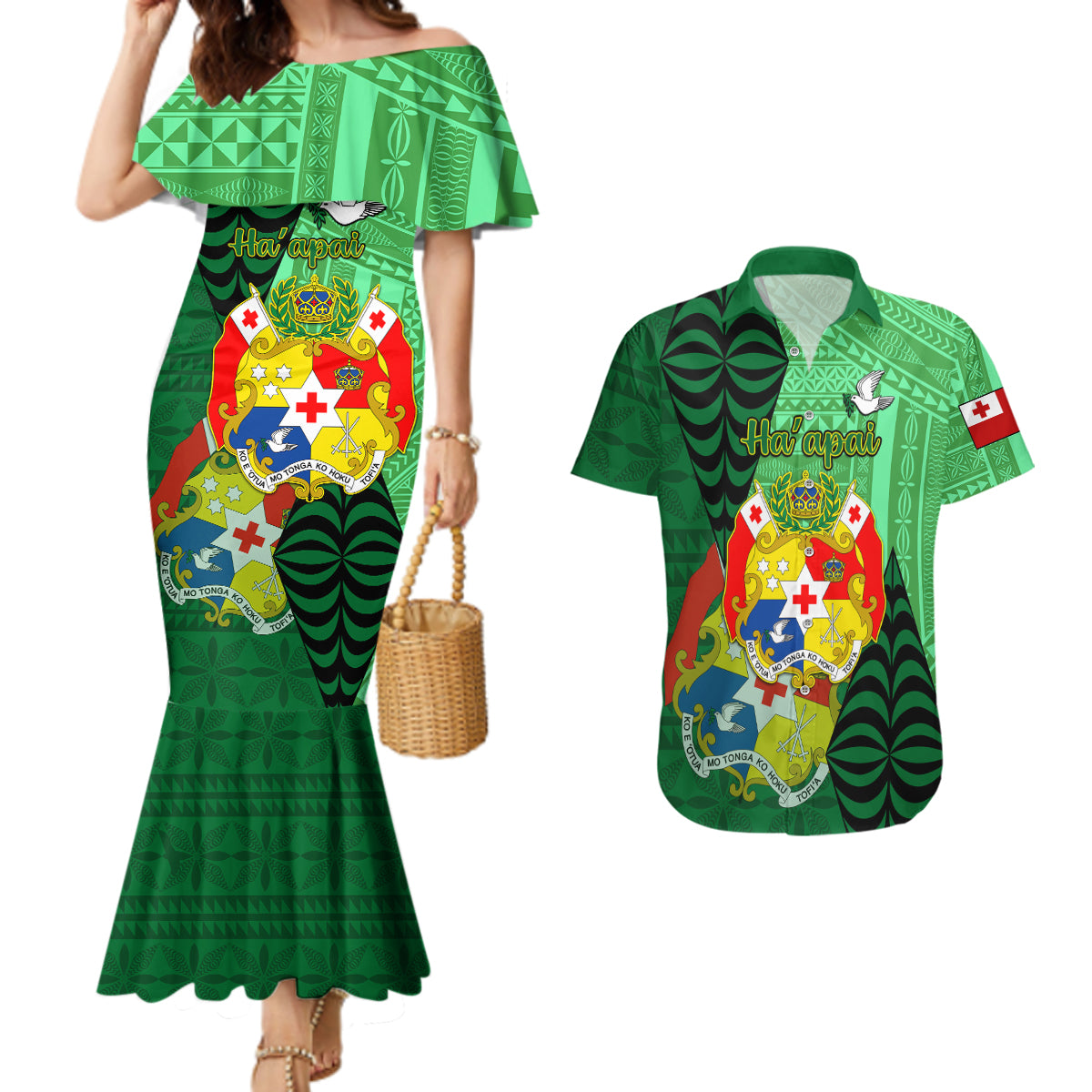 Personalized Tonga Couples Matching Mermaid Dress and Hawaiian Shirt Coat Of Arms Haapai With Ngatu Pattern LT05 Green - Polynesian Pride