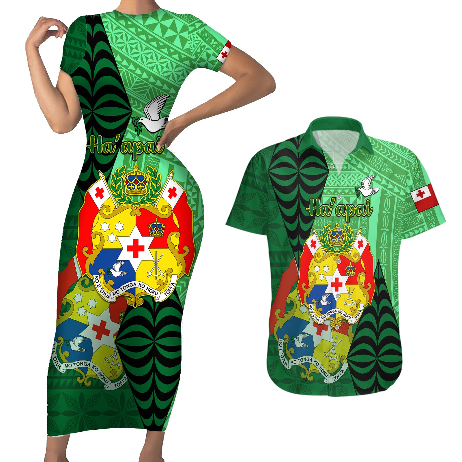 Personalized Tonga Couples Matching Short Sleeve Bodycon Dress and Hawaiian Shirt Coat Of Arms Haapai With Ngatu Pattern LT05 Green - Polynesian Pride