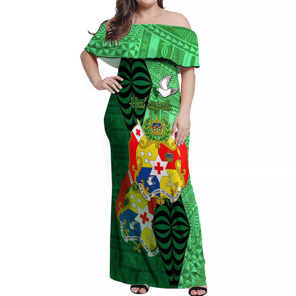 Personalized Tonga Off Shoulder Maxi Dress Coat Of Arms Haapai With Ngatu Pattern LT05 Women Green - Polynesian Pride