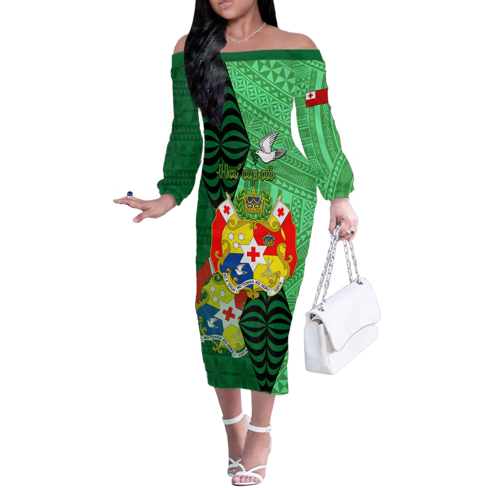 Personalized Tonga Off The Shoulder Long Sleeve Dress Coat Of Arms Haapai With Ngatu Pattern LT05 Women Green - Polynesian Pride