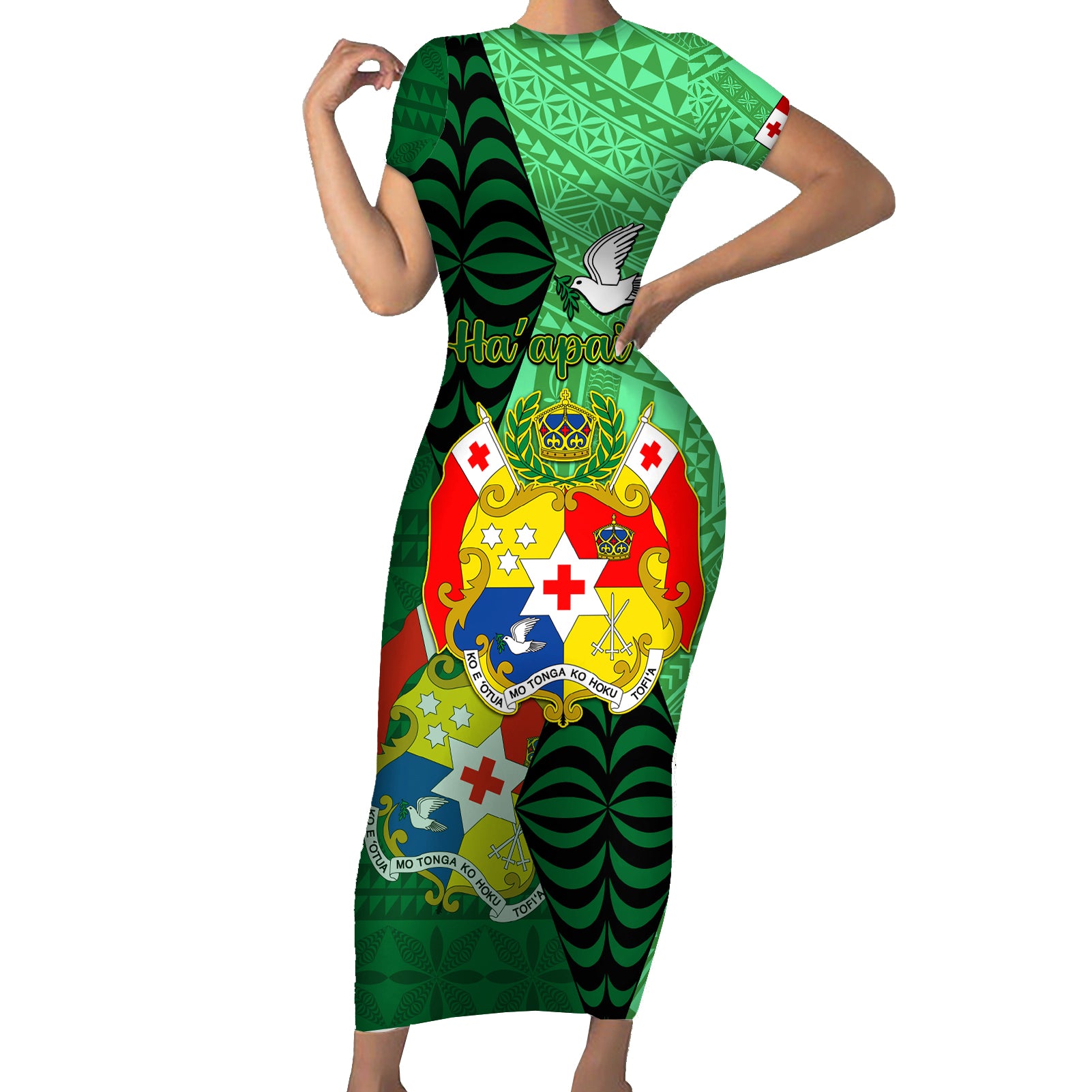 Personalized Tonga Short Sleeve Bodycon Dress Coat Of Arms Haapai With Ngatu Pattern LT05 Long Dress Green - Polynesian Pride