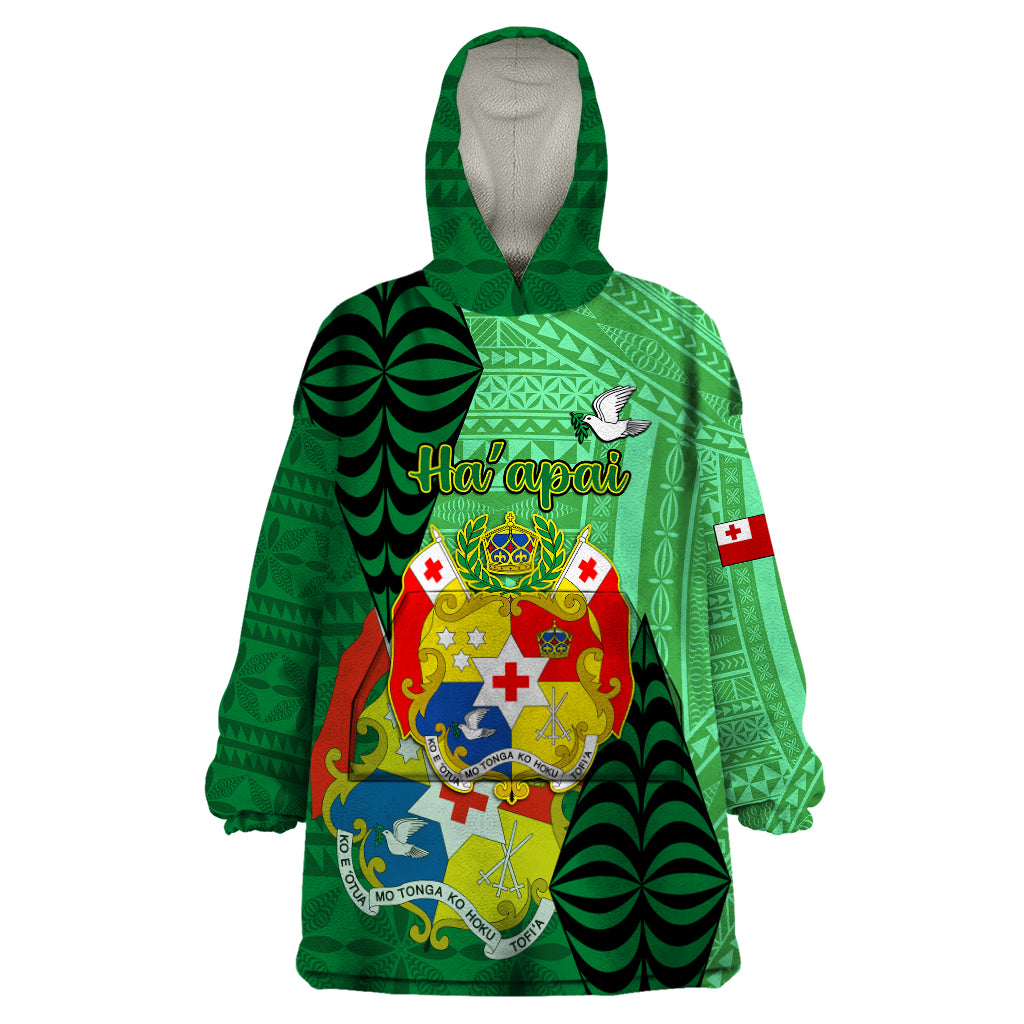 Personalized Tonga Wearable Blanket Hoodie Coat Of Arms Haapai With Ngatu Pattern LT05 One Size Green - Polynesian Pride