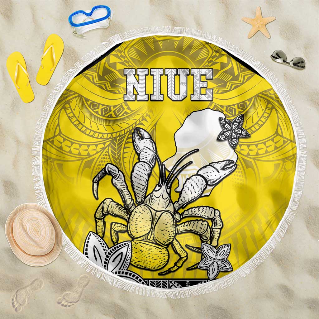 Happy Niue Constitution Day Beach Blanket Niuean Crab Hiapo Pattern Yellow Version