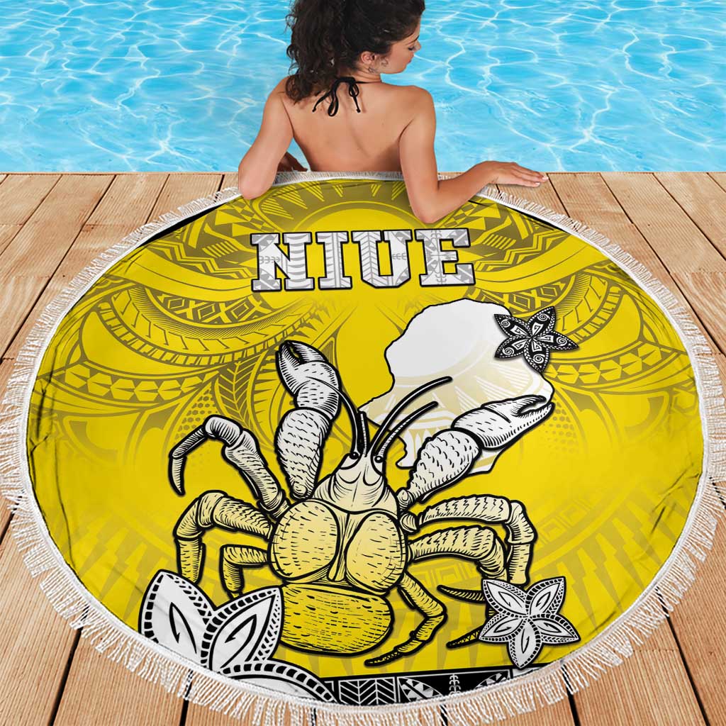 Happy Niue Constitution Day Beach Blanket Niuean Crab Hiapo Pattern Yellow Version LT05 - Polynesian Pride