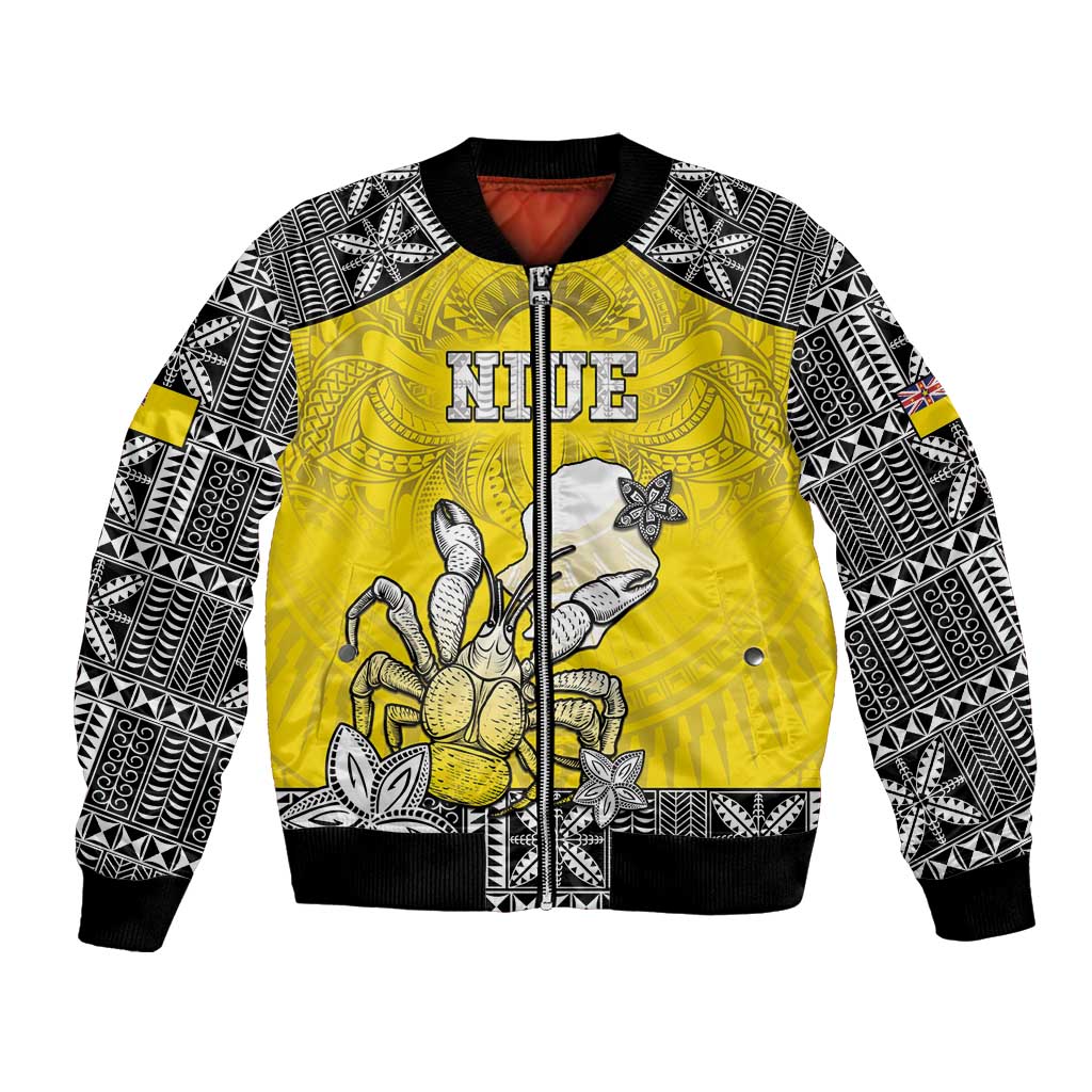 Personalised Happy Niue Constitution Day Bomber Jacket Niuean Crab Hiapo Pattern Yellow Version