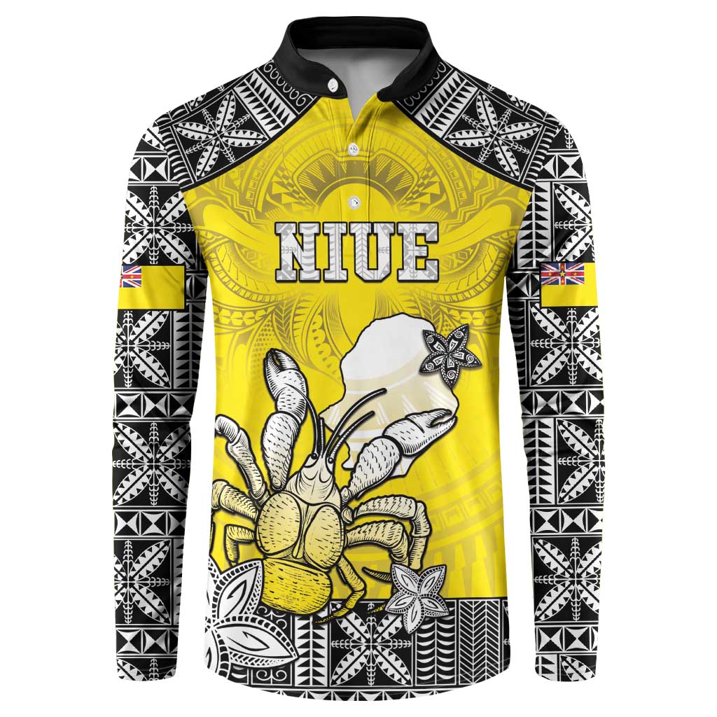 Personalised Happy Niue Constitution Day Button Sweatshirt Niuean Crab Hiapo Pattern Yellow Version