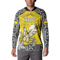 Personalised Happy Niue Constitution Day Button Sweatshirt Niuean Crab Hiapo Pattern Yellow Version LT05 - Polynesian Pride