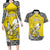 Personalised Happy Niue Constitution Day Couples Matching Long Sleeve Bodycon Dress and Hawaiian Shirt Niuean Crab Hiapo Pattern Yellow Version