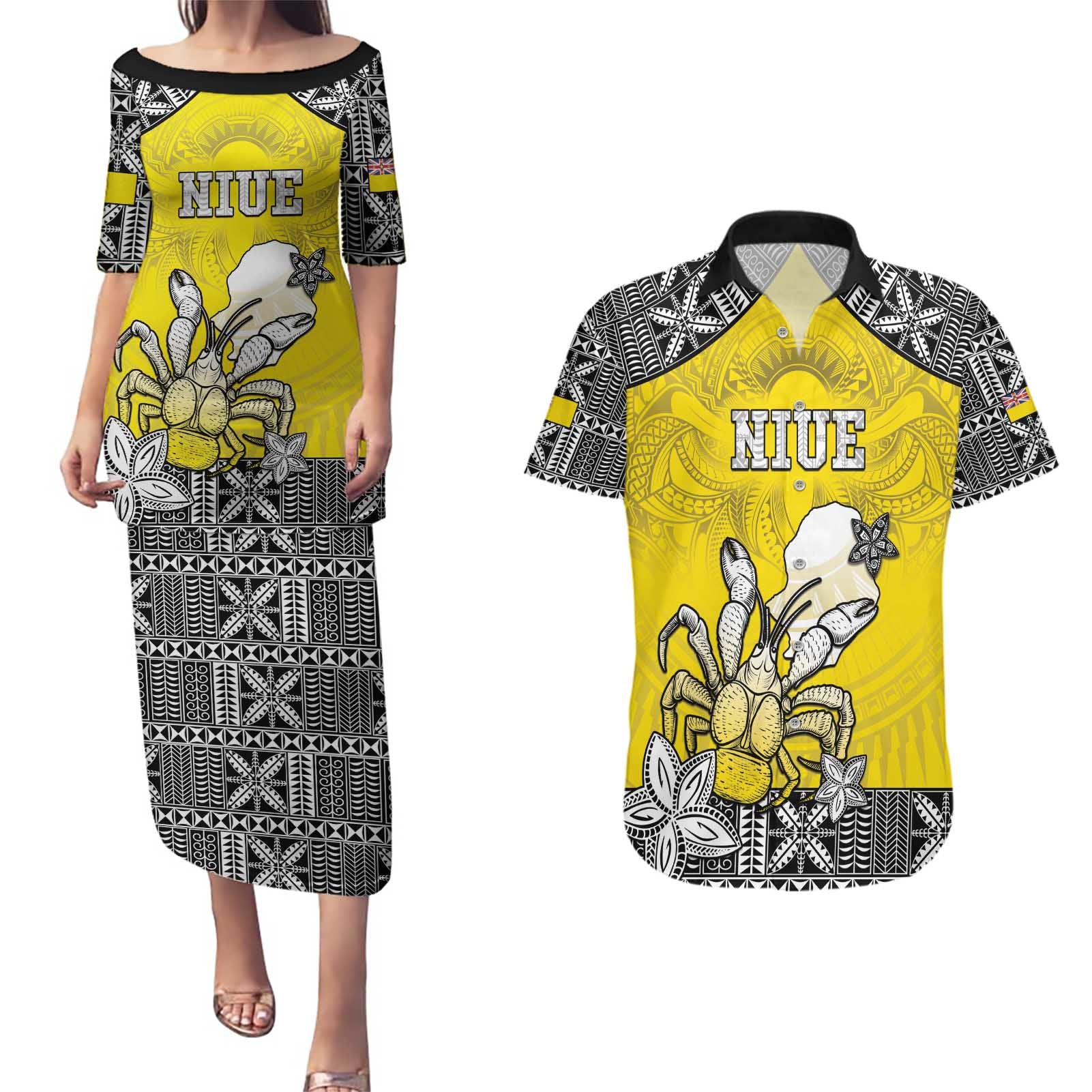 Personalised Happy Niue Constitution Day Couples Matching Puletasi and Hawaiian Shirt Niuean Crab Hiapo Pattern Yellow Version