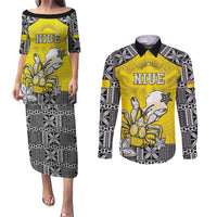 Personalised Happy Niue Constitution Day Couples Matching Puletasi and Long Sleeve Button Shirt Niuean Crab Hiapo Pattern Yellow Version LT05 Yellow - Polynesian Pride
