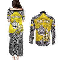 Personalised Happy Niue Constitution Day Couples Matching Puletasi and Long Sleeve Button Shirt Niuean Crab Hiapo Pattern Yellow Version LT05 - Polynesian Pride