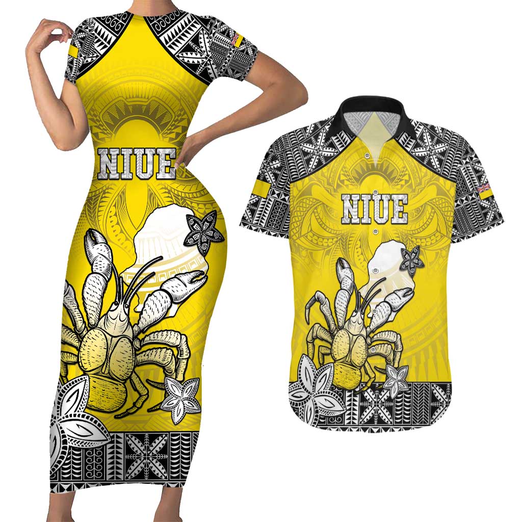 Personalised Happy Niue Constitution Day Couples Matching Short Sleeve Bodycon Dress and Hawaiian Shirt Niuean Crab Hiapo Pattern Yellow Version