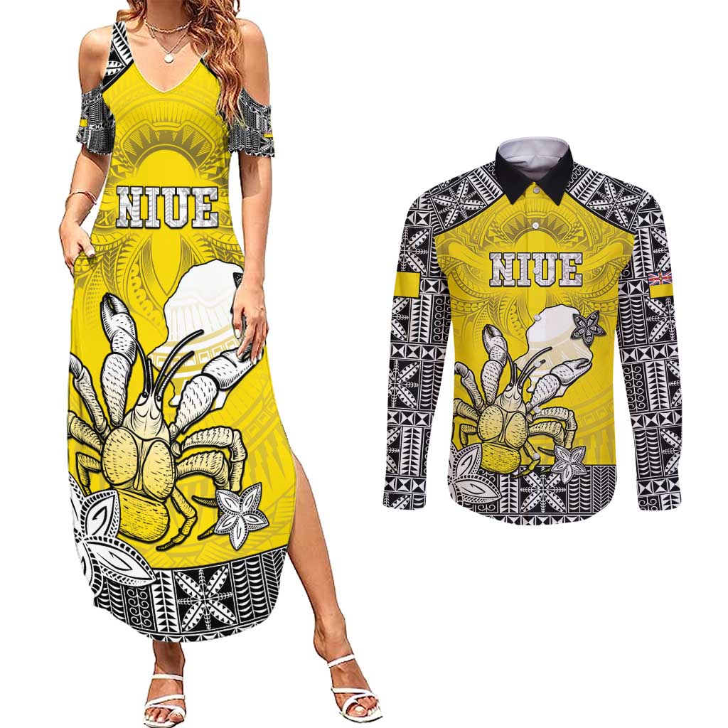 Personalised Happy Niue Constitution Day Couples Matching Summer Maxi Dress and Long Sleeve Button Shirt Niuean Crab Hiapo Pattern Yellow Version