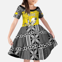 Personalised Happy Niue Constitution Day Family Matching Off The Shoulder Long Sleeve Dress and Hawaiian Shirt Niuean Crab Hiapo Pattern Yellow Version