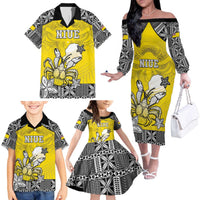 Personalised Happy Niue Constitution Day Family Matching Off The Shoulder Long Sleeve Dress and Hawaiian Shirt Niuean Crab Hiapo Pattern Yellow Version