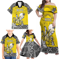 Personalised Happy Niue Constitution Day Family Matching Off Shoulder Maxi Dress and Hawaiian Shirt Niuean Crab Hiapo Pattern Yellow Version