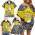 Personalised Happy Niue Constitution Day Family Matching Off Shoulder Short Dress and Hawaiian Shirt Niuean Crab Hiapo Pattern Yellow Version