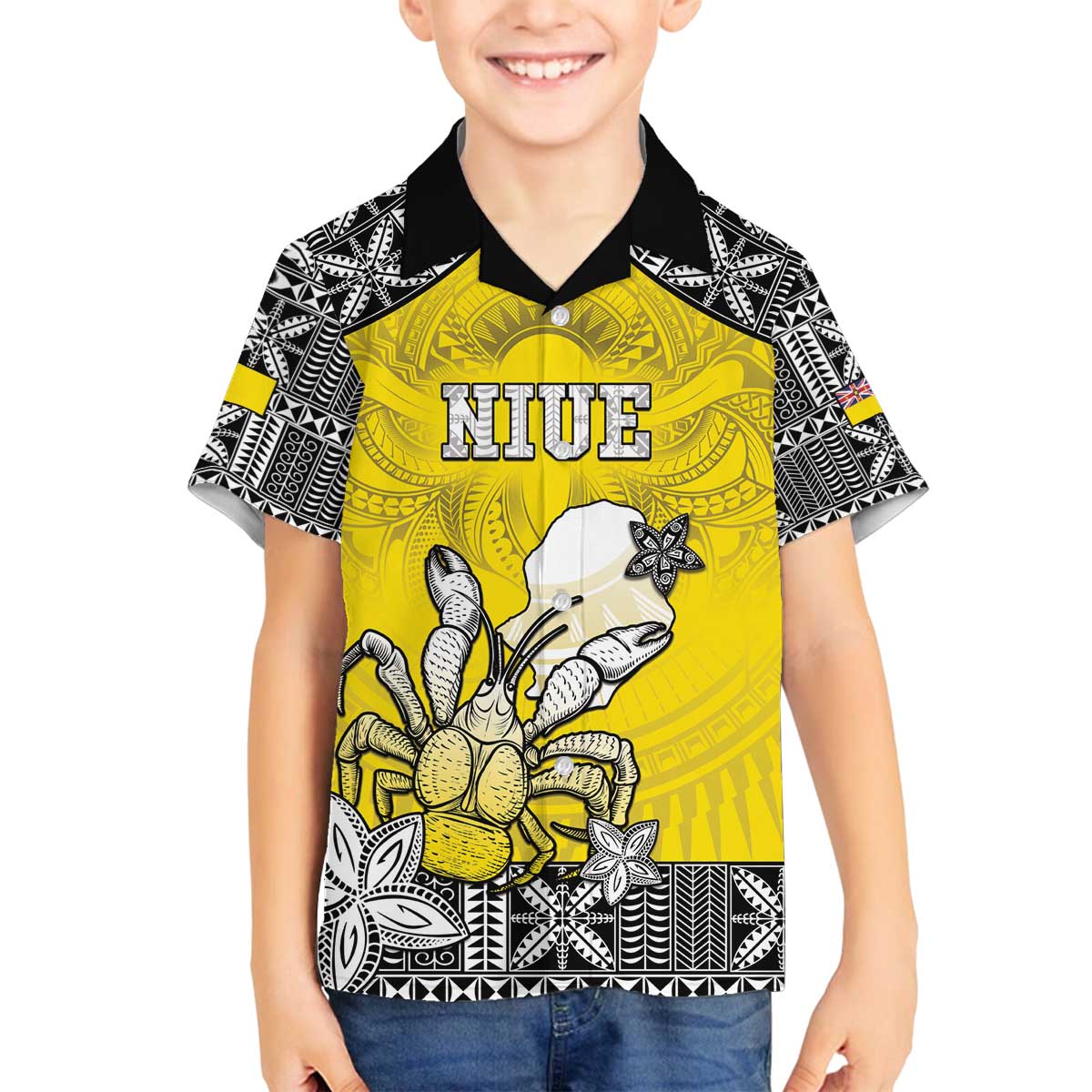 Personalised Happy Niue Constitution Day Family Matching Off Shoulder Short Dress and Hawaiian Shirt Niuean Crab Hiapo Pattern Yellow Version