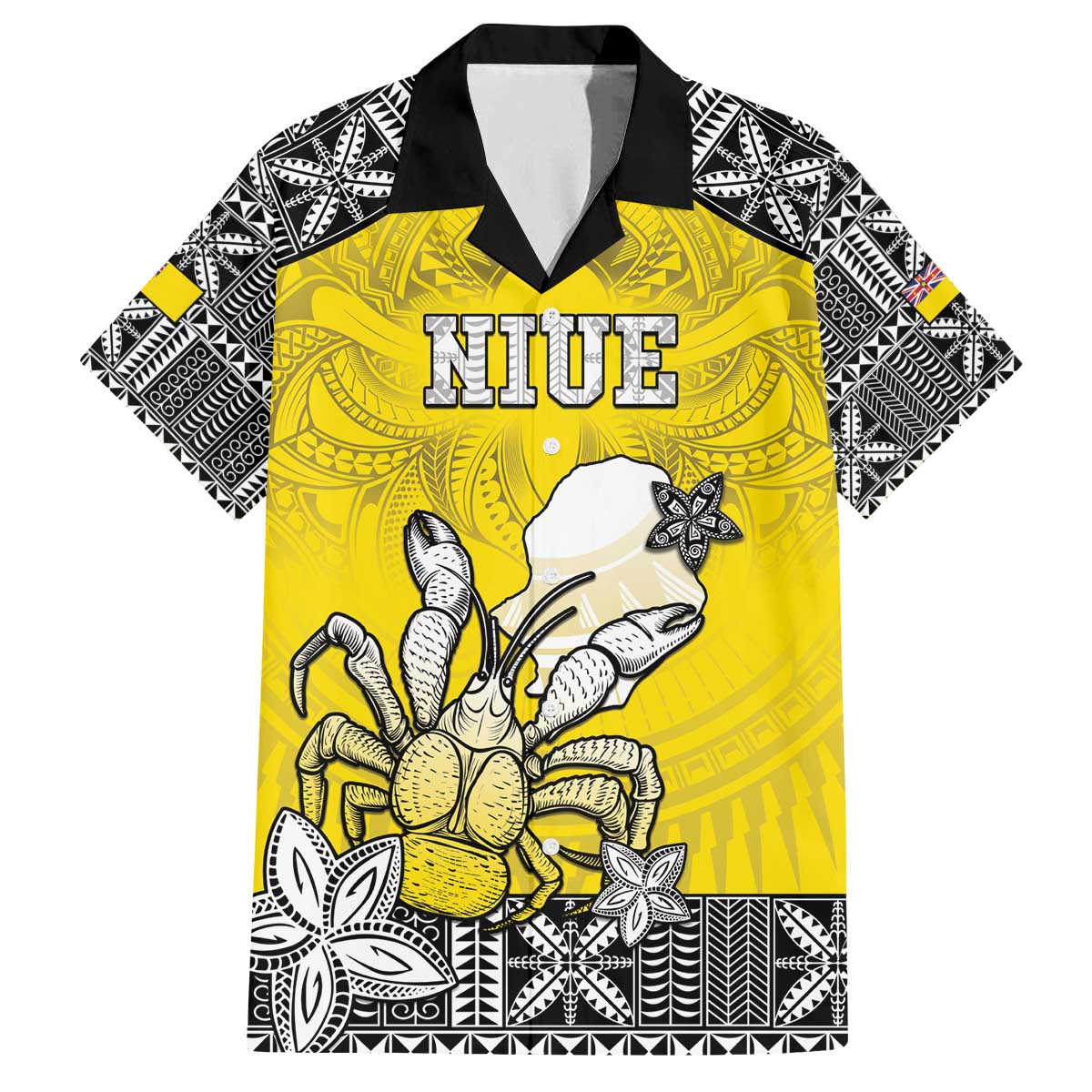 Personalised Happy Niue Constitution Day Family Matching Puletasi and Hawaiian Shirt Niuean Crab Hiapo Pattern Yellow Version