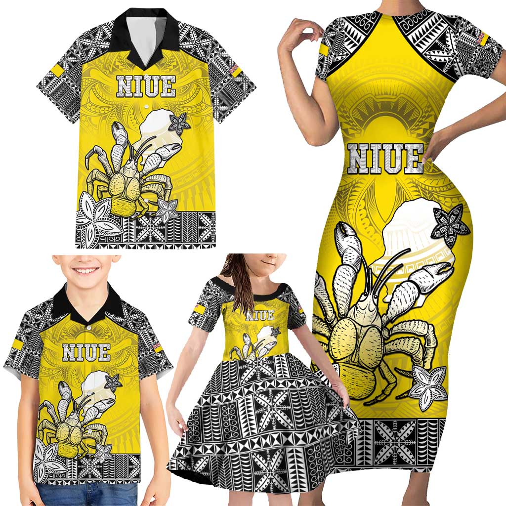 Personalised Happy Niue Constitution Day Family Matching Short Sleeve Bodycon Dress and Hawaiian Shirt Niuean Crab Hiapo Pattern Yellow Version