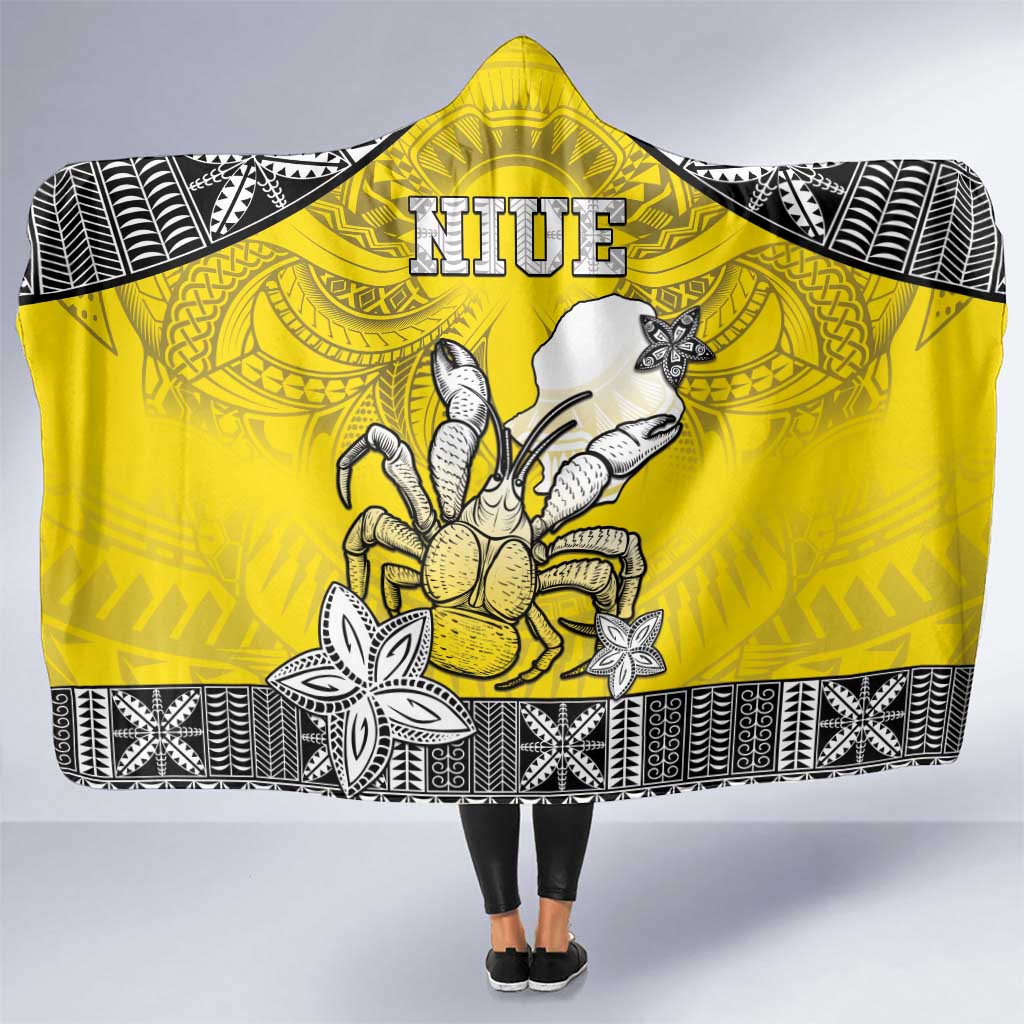 Happy Niue Constitution Day Hooded Blanket Niuean Crab Hiapo Pattern Yellow Version