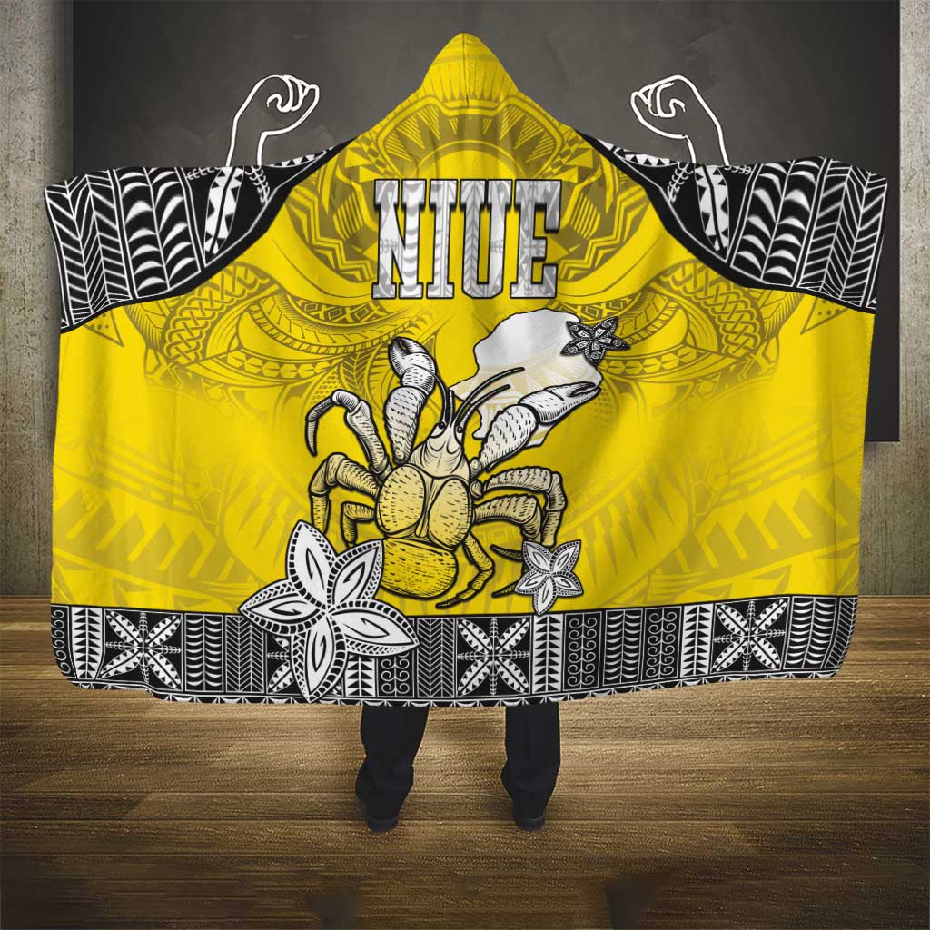 Happy Niue Constitution Day Hooded Blanket Niuean Crab Hiapo Pattern Yellow Version LT05 - Polynesian Pride