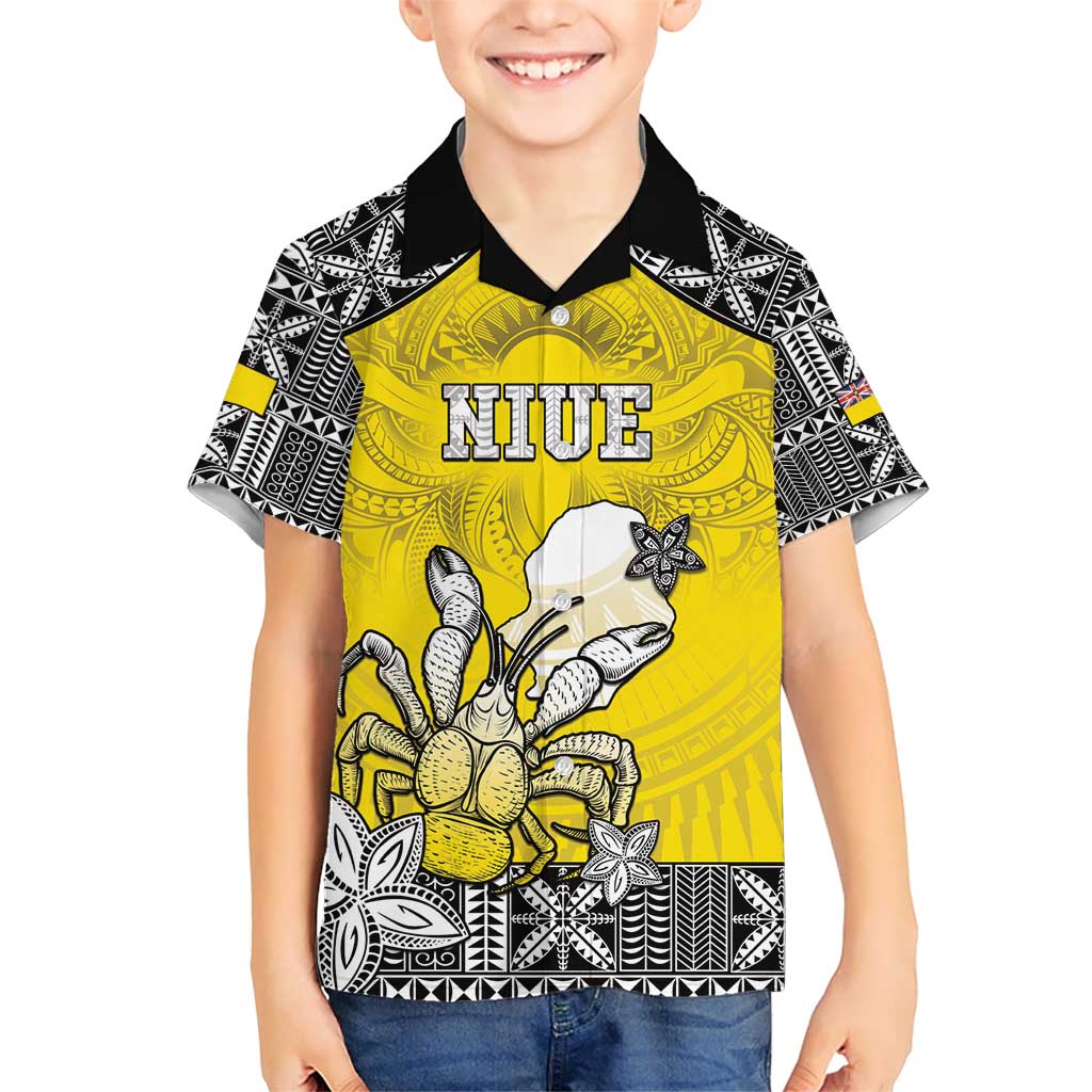 Personalised Happy Niue Constitution Day Kid Hawaiian Shirt Niuean Crab Hiapo Pattern Yellow Version