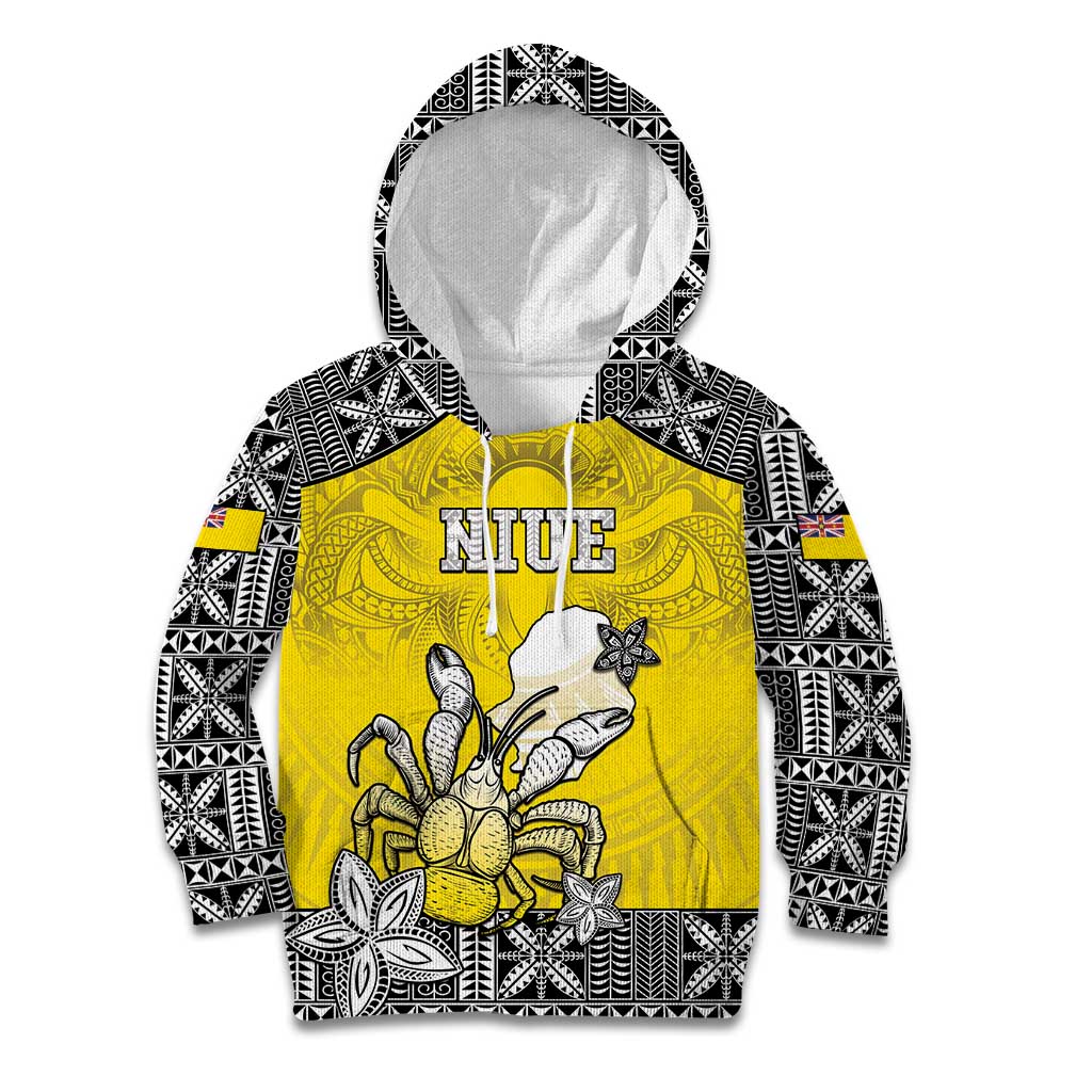 Personalised Happy Niue Constitution Day Kid Hoodie Niuean Crab Hiapo Pattern Yellow Version