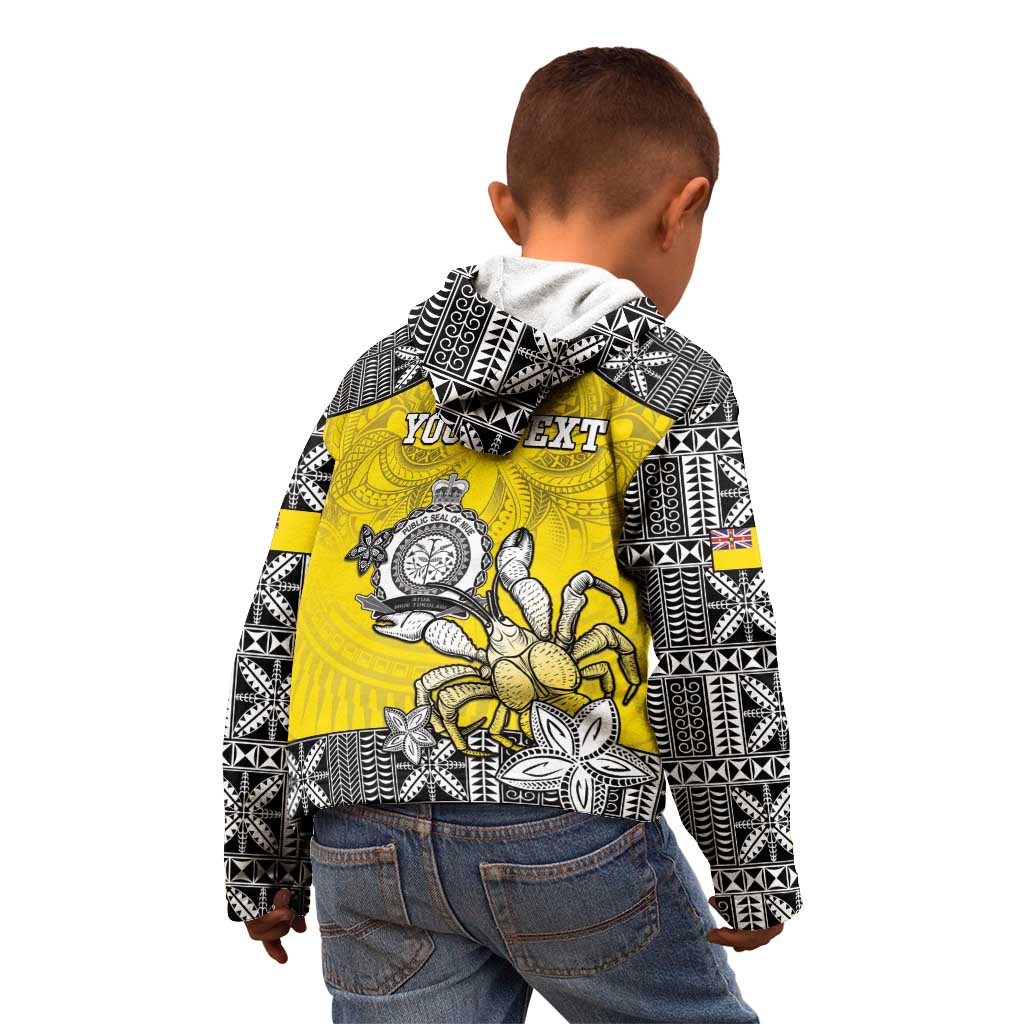 Personalised Happy Niue Constitution Day Kid Hoodie Niuean Crab Hiapo Pattern Yellow Version