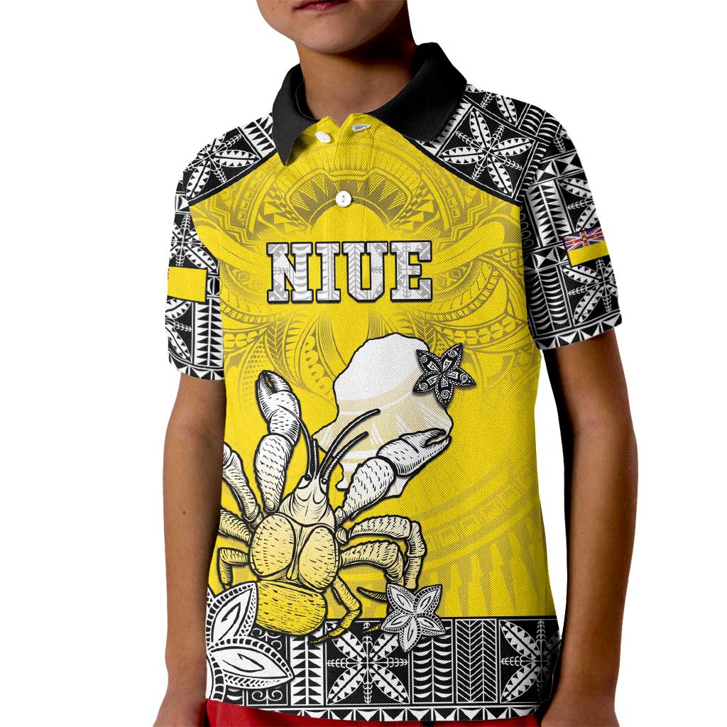 Personalised Happy Niue Constitution Day Kid Polo Shirt Niuean Crab Hiapo Pattern Yellow Version