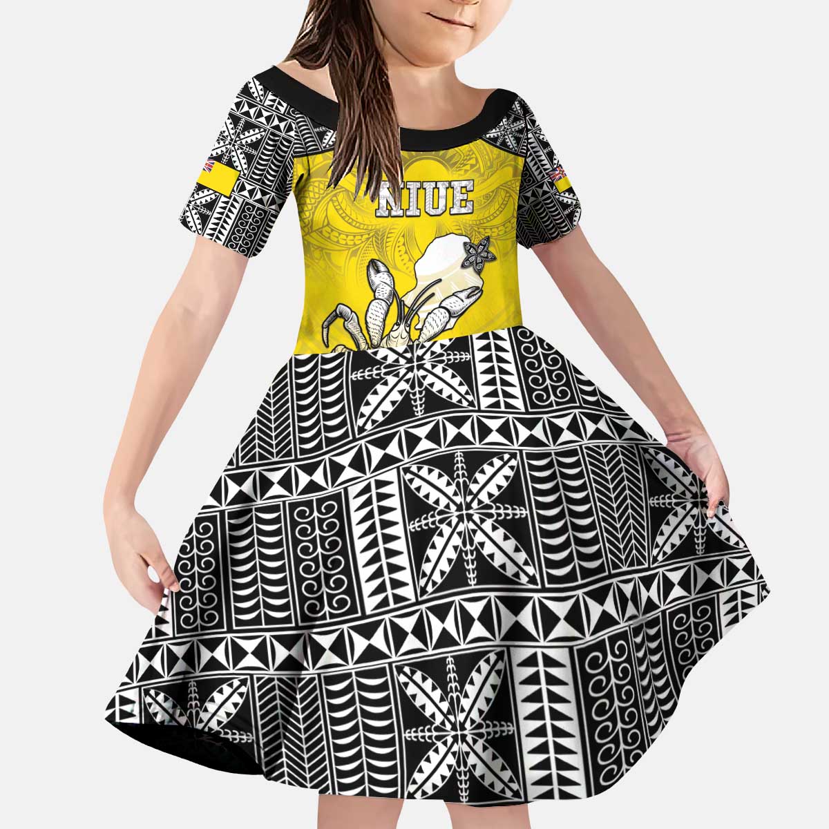 Personalised Happy Niue Constitution Day Kid Short Sleeve Dress Niuean Crab Hiapo Pattern Yellow Version