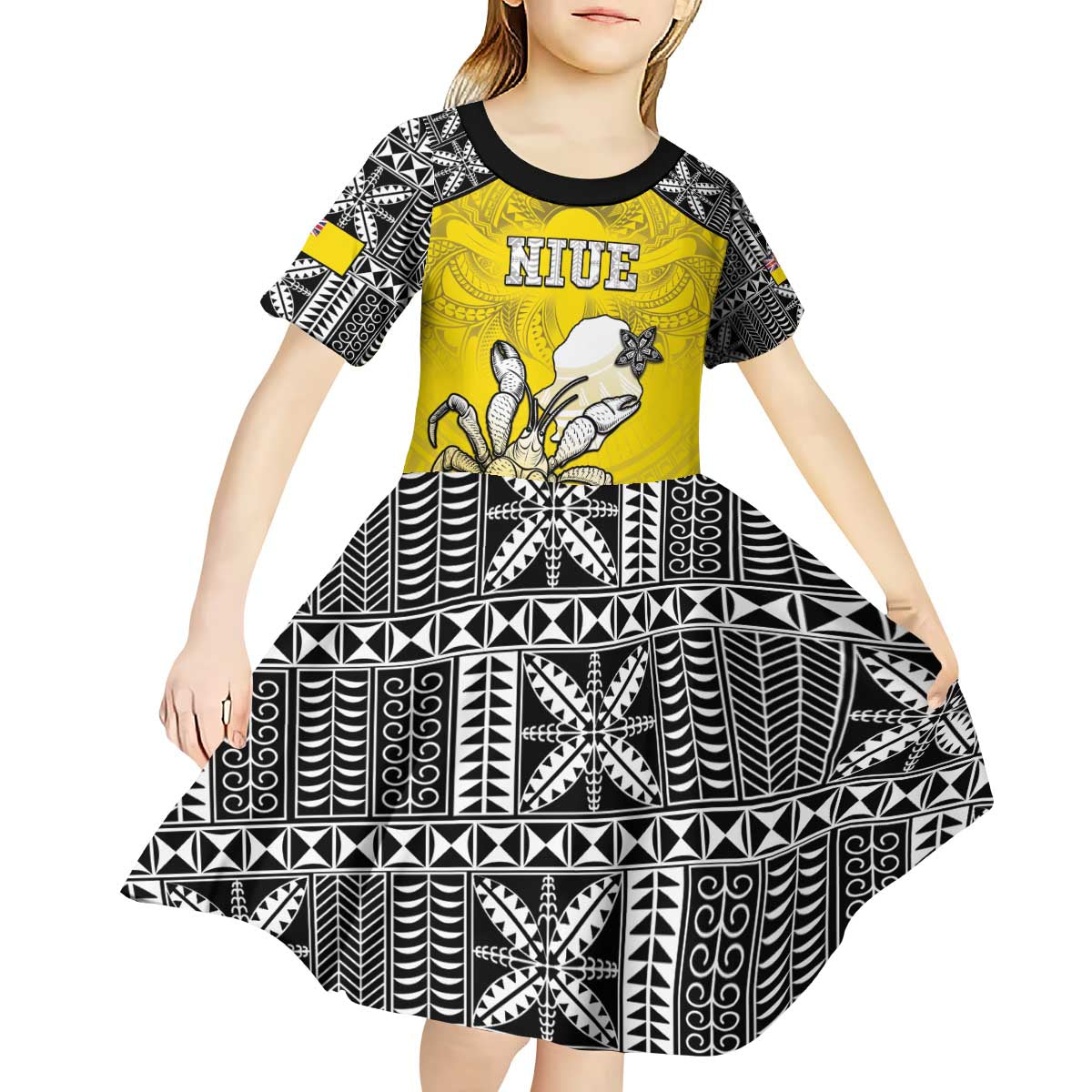 Personalised Happy Niue Constitution Day Kid Short Sleeve Dress Niuean Crab Hiapo Pattern Yellow Version