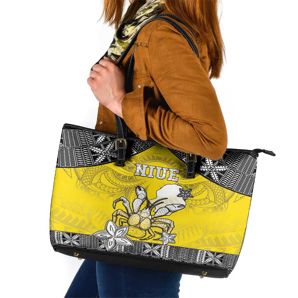 Happy Niue Constitution Day Leather Tote Bag Niuean Crab Hiapo Pattern Yellow Version