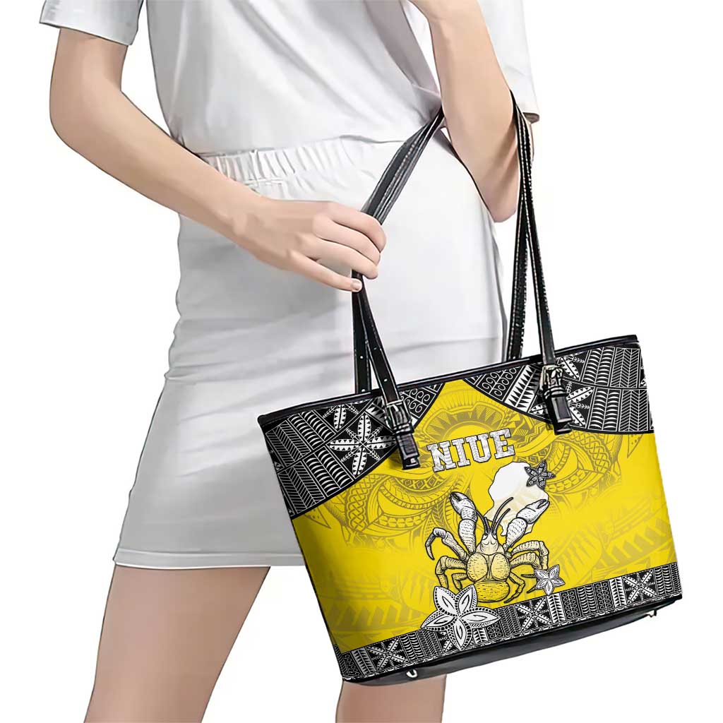 Happy Niue Constitution Day Leather Tote Bag Niuean Crab Hiapo Pattern Yellow Version LT05 - Polynesian Pride