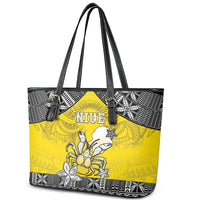 Happy Niue Constitution Day Leather Tote Bag Niuean Crab Hiapo Pattern Yellow Version LT05 - Polynesian Pride