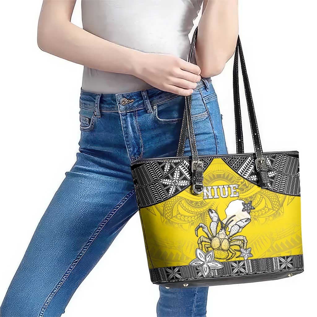 Happy Niue Constitution Day Leather Tote Bag Niuean Crab Hiapo Pattern Yellow Version LT05 - Polynesian Pride