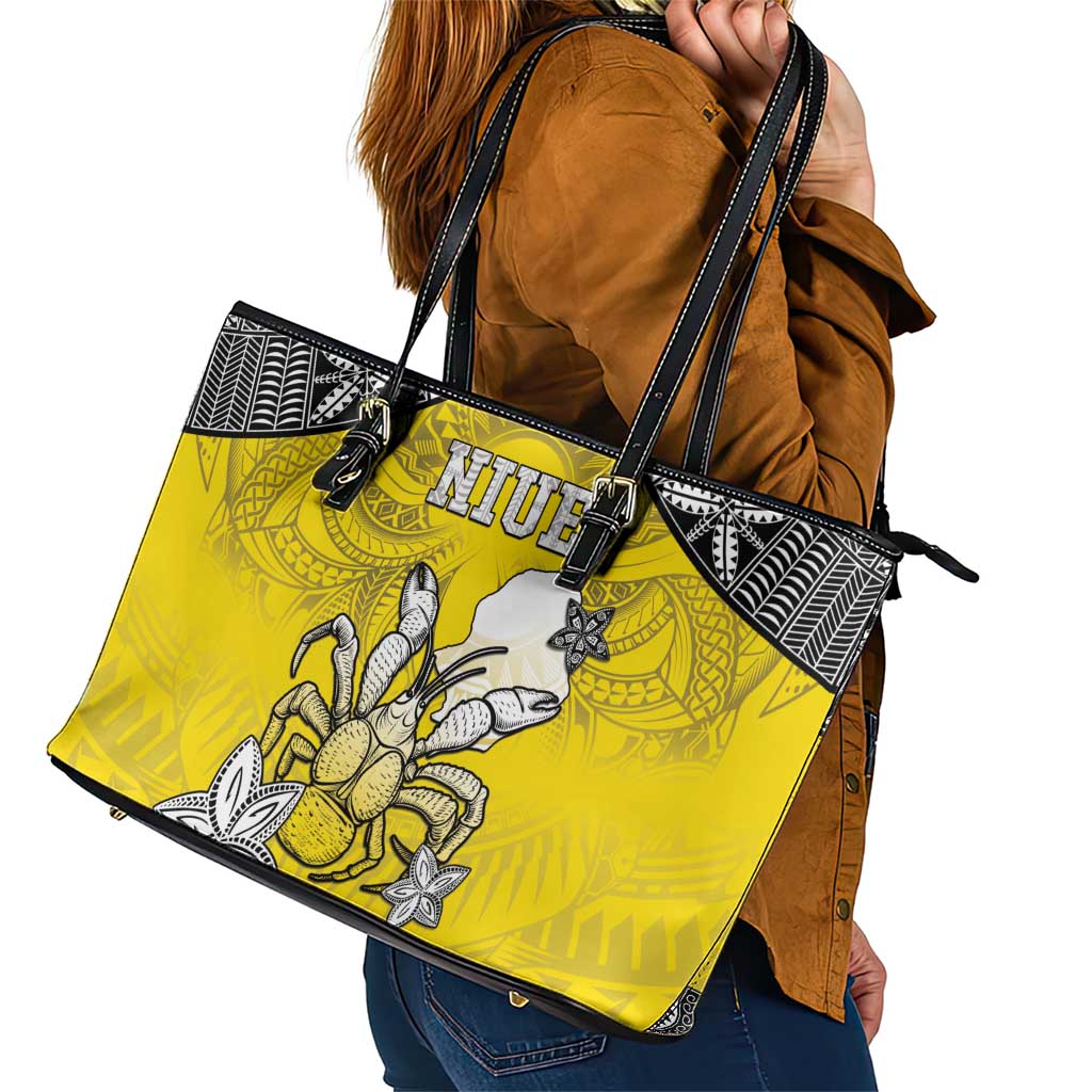 Happy Niue Constitution Day Leather Tote Bag Niuean Crab Hiapo Pattern Yellow Version LT05 - Polynesian Pride