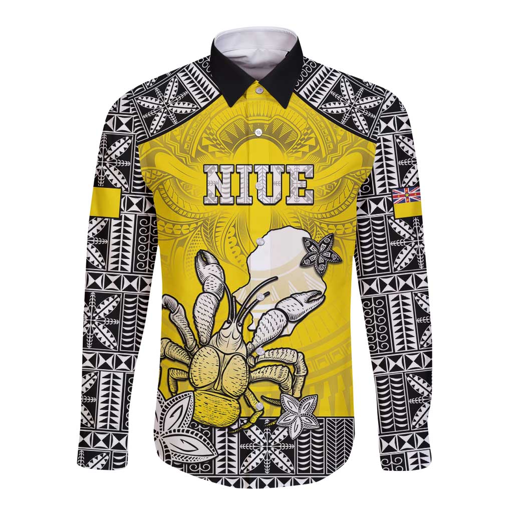 Personalised Happy Niue Constitution Day Long Sleeve Button Shirt Niuean Crab Hiapo Pattern Yellow Version