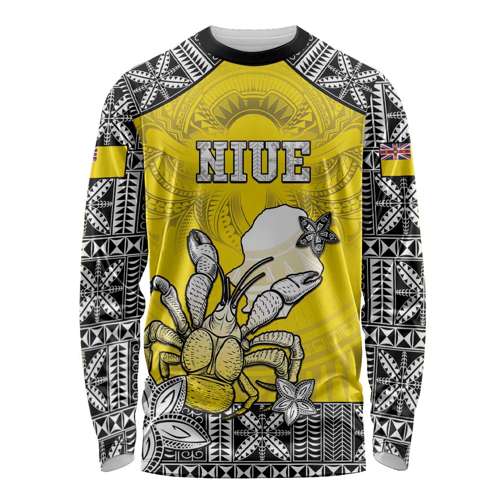 Personalised Happy Niue Constitution Day Long Sleeve Shirt Niuean Crab Hiapo Pattern Yellow Version