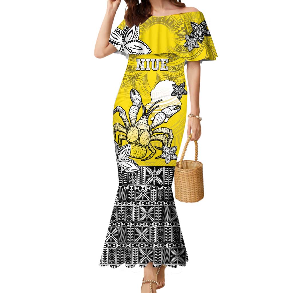 Personalised Happy Niue Constitution Day Mermaid Dress Niuean Crab Hiapo Pattern Yellow Version