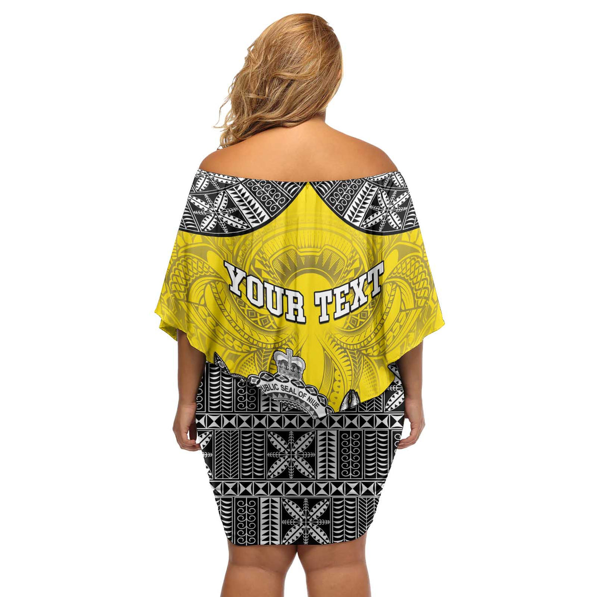 Personalised Happy Niue Constitution Day Off Shoulder Short Dress Niuean Crab Hiapo Pattern Yellow Version
