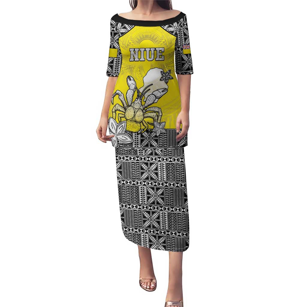 Personalised Happy Niue Constitution Day Puletasi Niuean Crab Hiapo Pattern Yellow Version LT05 Long Dress Yellow - Polynesian Pride