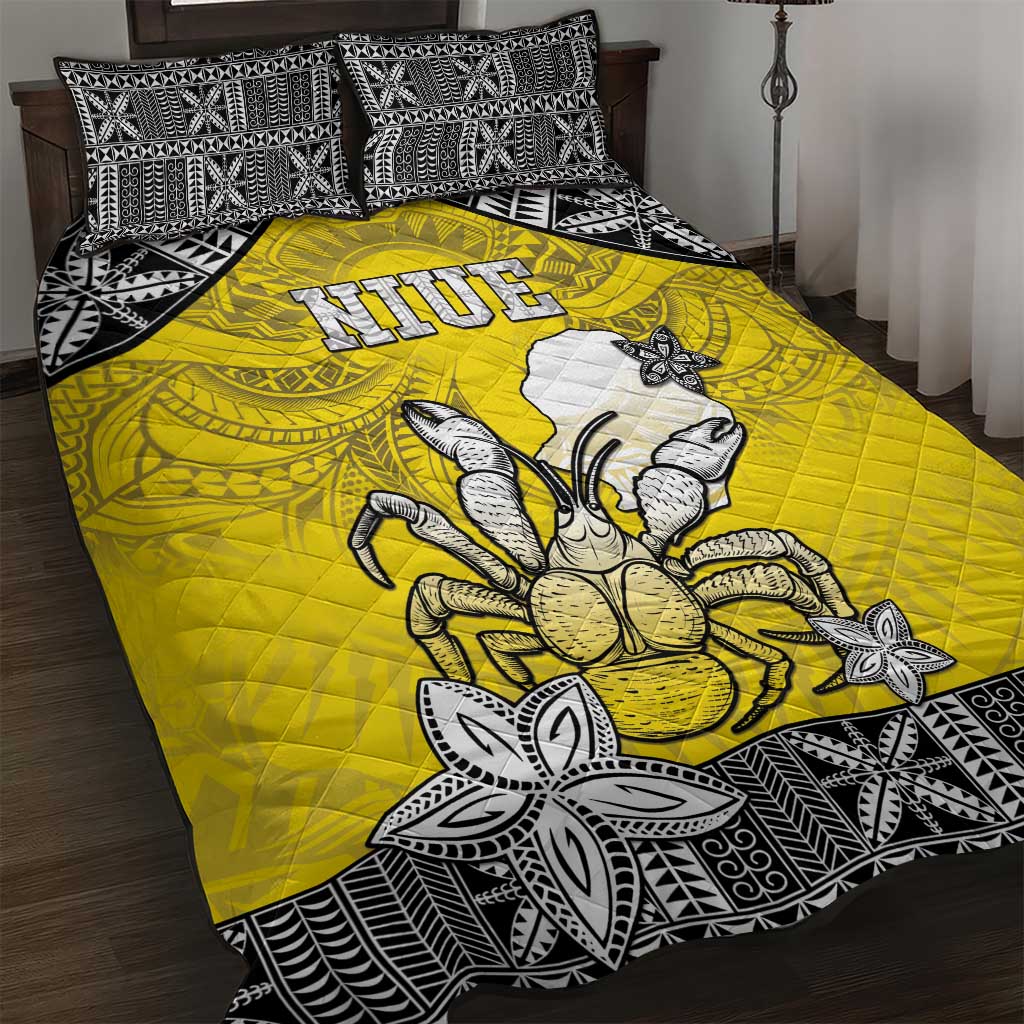 Happy Niue Constitution Day Quilt Bed Set Niuean Crab Hiapo Pattern Yellow Version