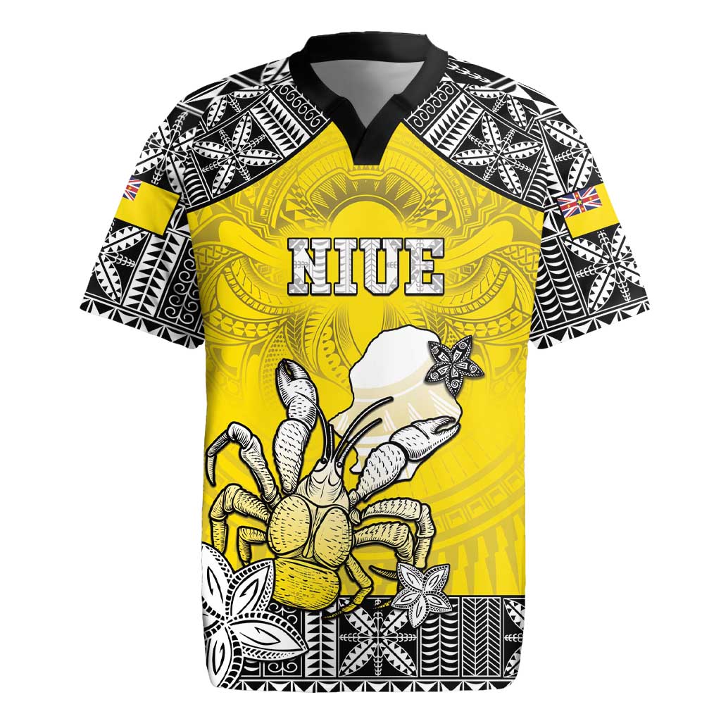 Personalised Happy Niue Constitution Day Rugby Jersey Niuean Crab Hiapo Pattern Yellow Version